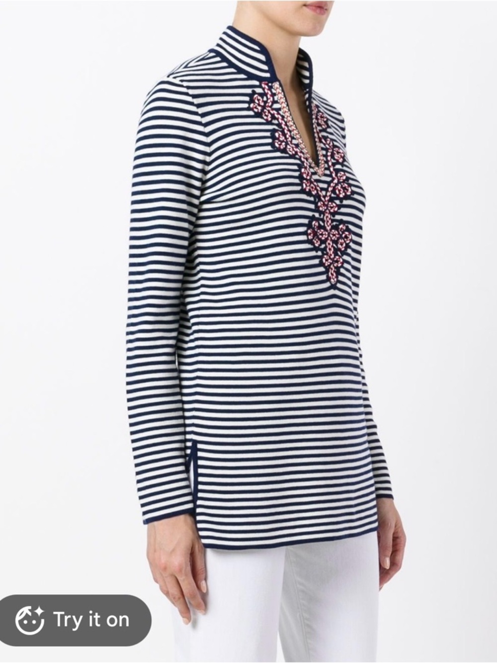 Tory Burch Katama Striped Knit Tunic Top Navy White Cotton Nautical Sz S